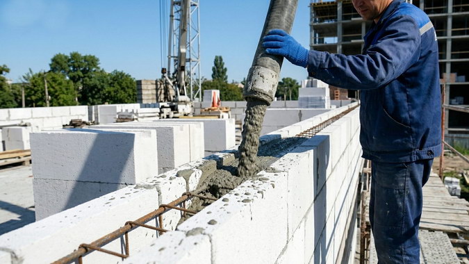 процес бетонування лоткових блоків на висоті